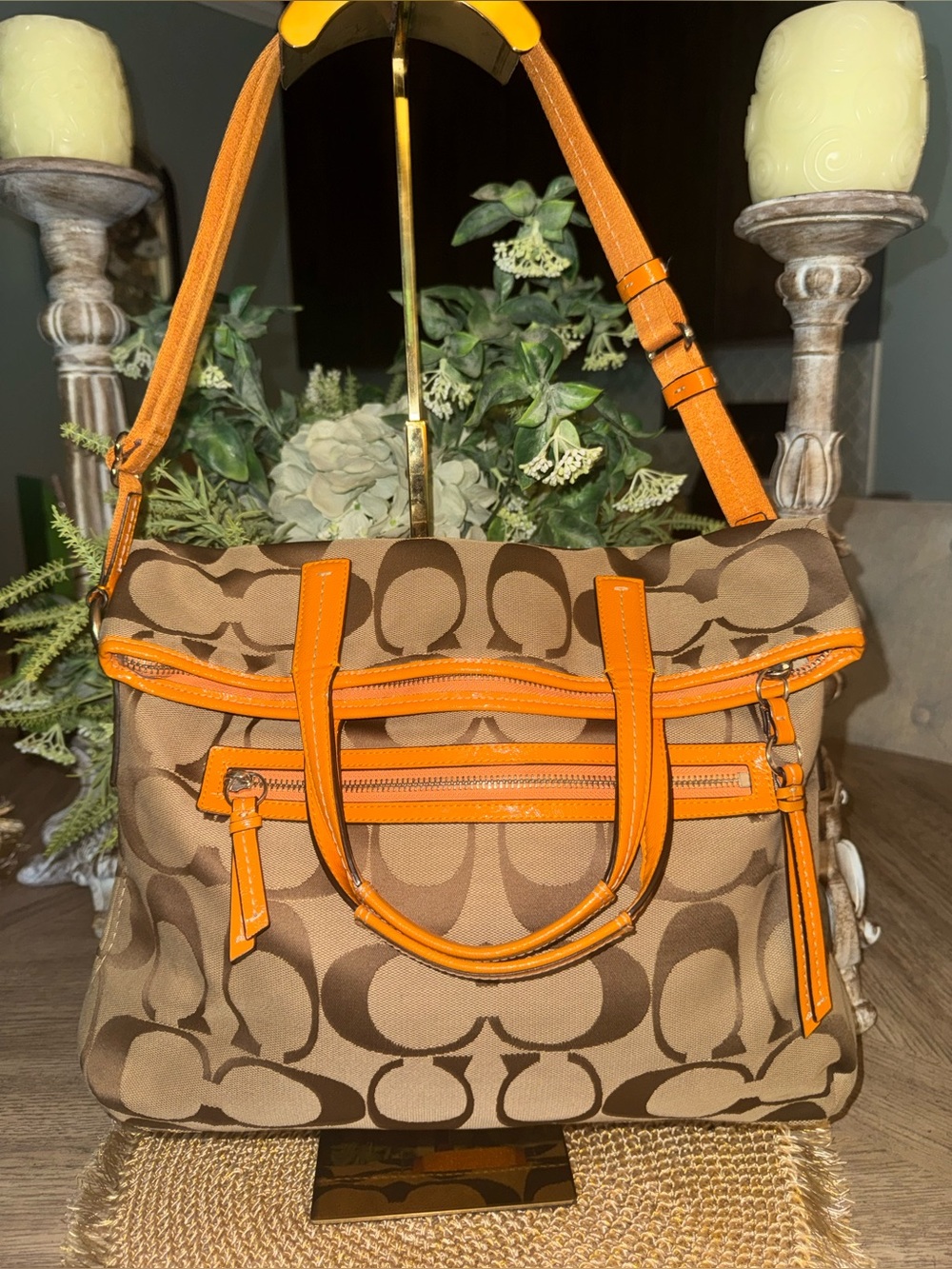 Coach Signature Strip Foldover Canvas Tote with Orange Trim. Style F23304
